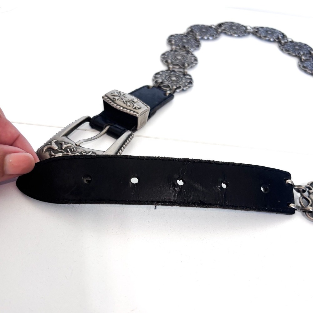 Western Concho Womens Vintage Boho Chain Belt M/L Black Silver Floral Festival - Picture 4 of 9